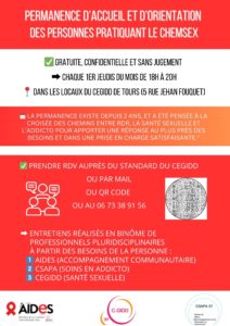 Permanence d'accueil et d'orientation des personnes pratiquant le chemsex dans les locaux du CEGIDD chaque 1er jeudi du mois de 18h à 20h